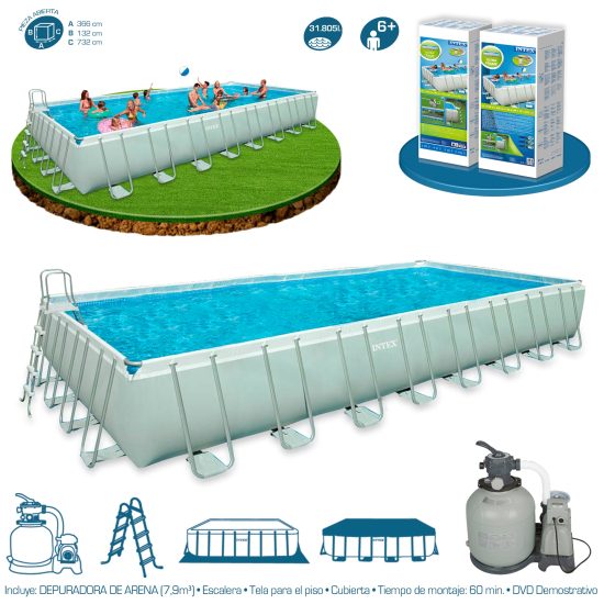 INTEX ( 24 ft x 12 ft x 52" ) Ultra Frame™ Rectangular Pool Set With Sand Filter Pump - Image 4