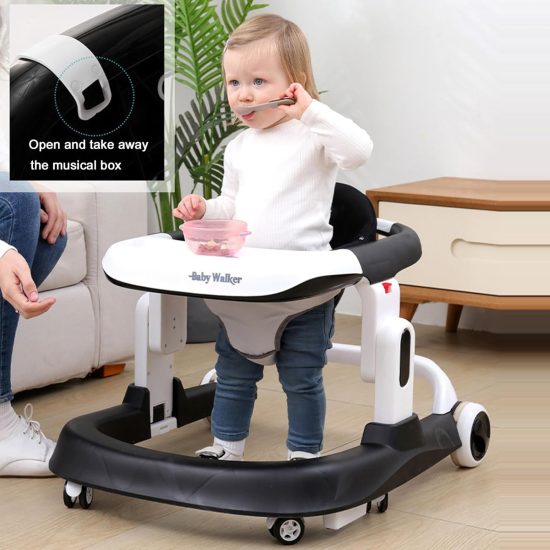 4-in-1 Baby Walker, Foldable Baby Push Walker with Adjustable Height & Speed, Standing Activity Center with Music & Light